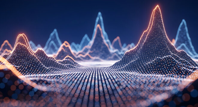 Abstract digital landscape with glowing data points and mountain peaks, representing big data, cloud computing, and futuristic technology