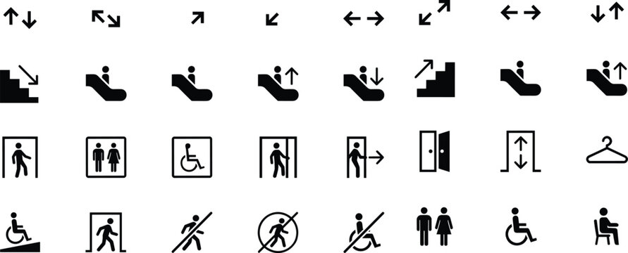 Black and White Public Building Navigation Icon Set Featuring Stairs Escalators Elevators Accessibility Symbols Doors Arrows and Wayfinding Signage for Architectural Layouts