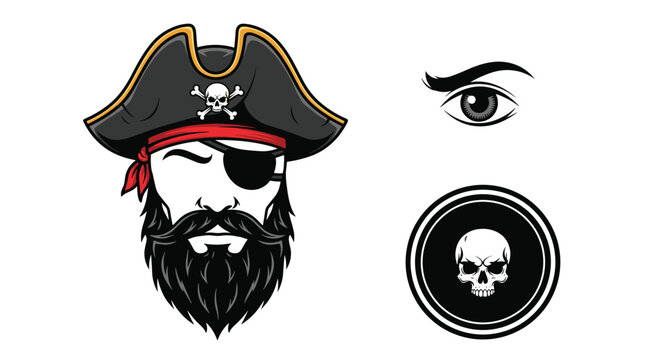 Detailed pirate character head features a black hat, red bandana, eye patch, and beard with skull and eye icons.