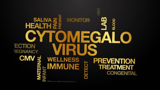 Cytomegalovirus CMV concept Animated Tag Word Cloud kinetic typography, Text Design Animation typography seamless loop video motion graphics Intro Wordart arrangement golden type on black background b