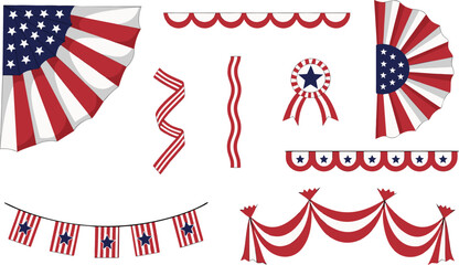 American party decoration mix set. USA patriotic flag, curtain swag, ribbon, and garland collection in folk style for a 250 anniversary celebration event design. © Pixel_Forge