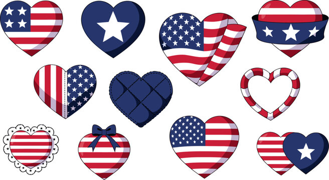 American flag heart and hat set. USA patriotic love shapes with a cap collection in folk style for a 250 anniversary Fourth of July sticker celebration design.