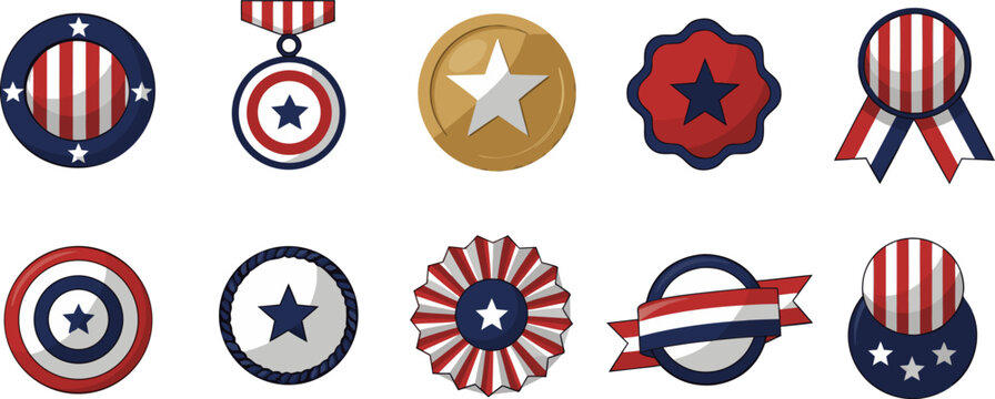 American medal button rosette set. USA patriotic round award pin collection with stars in folk style for a 250 anniversary Independence Day prize badge design.