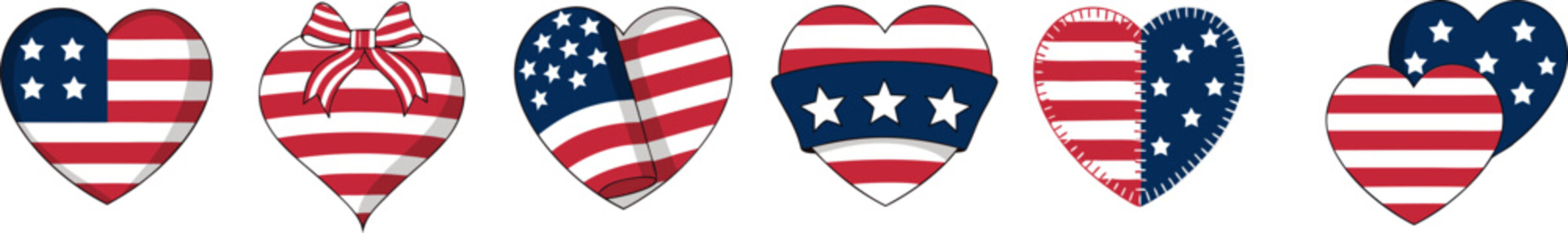American flag heart mini set. USA patriotic love shape collection with stars and stripes in folk style for a 250 anniversary Independence Day greeting design.