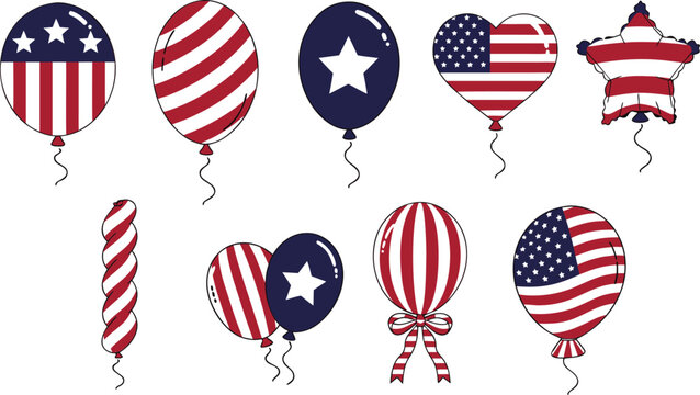 American flag balloon set. USA patriotic party balloons with stars and stripes pattern in folk style for a 250 anniversary Fourth of July birthday celebration design.