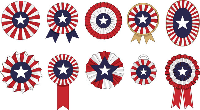 American award rosette ribbon set. USA patriotic prize medal collection with pleated circles and stars for a 250 anniversary Independence Day winner badge design.