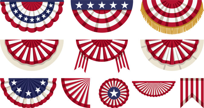 American bunting fan and rosette set. USA patriotic semicircle drape with a medal collection in folk style for a 250 anniversary Fourth of July decoration design.