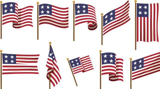 American flag and pennant garland set. USA patriotic flagpole with bunting string collection in folk style for a 250 anniversary Independence Day celebration design.