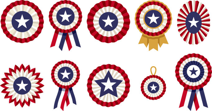 American cockade rosette badge set. USA patriotic round pleated medal collection with stars in folk style for a 250 anniversary Independence Day award design.