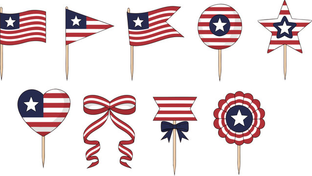 American flag party picks set. USA patriotic cupcake topper collection with pennant, star, heart, bow, and rosette for a 250 anniversary Fourth of July celebration design.