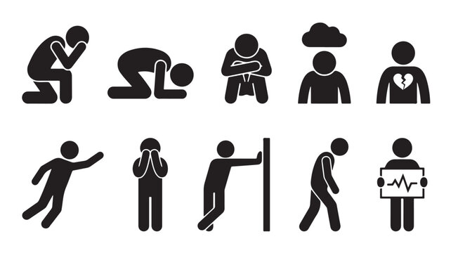 Emotional expressions, people icons, silhouette characters, human emotions, flat design, 10 icons, EPS vector graphics
