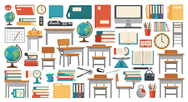Vector illustration set of school and office supplies featuring classroom desks, wooden chairs, terrestrial globes, stacks of textbooks, binders, wall clocks, and computer monitor.