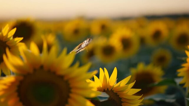 Butterfly resting on sunflower in a glowing summer meadow