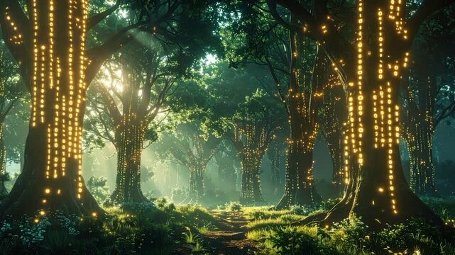 Forest scene with digitally illuminated trees and a path, sunlit and dreamy
