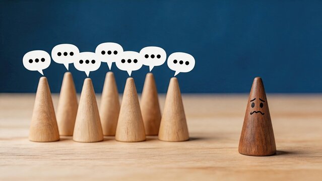 Social exclusion and isolation concept, sad wooden peg standing apart from group with speech bubbles, representing loneliness, bullying, discrimination, and lack of communication