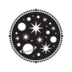 Celestial space galaxy circle vector illustration, Hand drawn stars and saturn planet in circle badge, Esoteric mystical outer space universe vector graphic, Magic astrology circle icon with shiny sta © MSTRASHNA