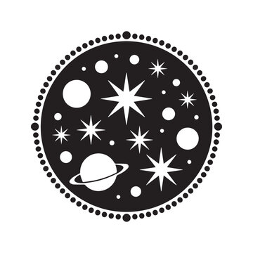 Celestial space galaxy circle vector illustration, Hand drawn stars and saturn planet in circle badge, Esoteric mystical outer space universe vector graphic, Magic astrology circle icon with shiny sta