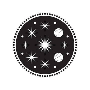 Celestial space galaxy circle vector illustration, Hand drawn stars and saturn planet in circle badge, Esoteric mystical outer space universe vector graphic, Magic astrology circle icon with shiny sta