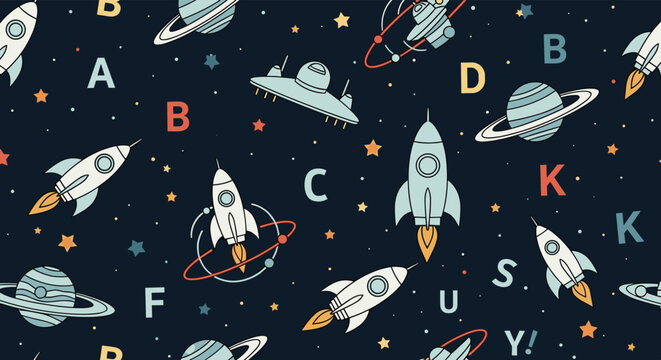 Educational space pattern featuring various rocket ships, planets, stars, and colorful alphabet letters on a dark starry sky background.