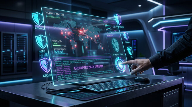 A person interacting with a futuristic holographic interface displaying global security data and encryption streams. The interface shows a world map with illuminated hotspots, security shields.