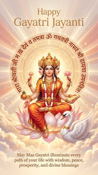 Celebration of gayatri jayanti with divine goddess sitting on lotus flower surrounded by light and swans for spiritual blessings