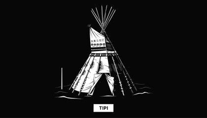 Very beautiful black-and-white engraved vector illustration featuring a traditional TIPI with detailed structural patterns and a cultural label reading "TIPI", rendered in refined engraving style. © ehsanollah