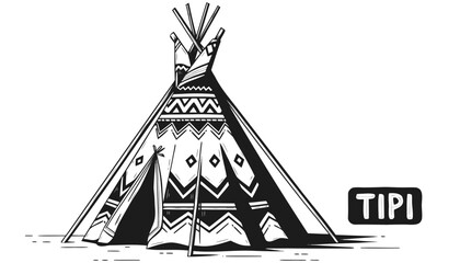 Very beautiful black-and-white engraved vector illustration featuring a traditional TIPI with detailed structural patterns and a cultural label reading "TIPI", rendered in refined engraving style. © ehsanollah