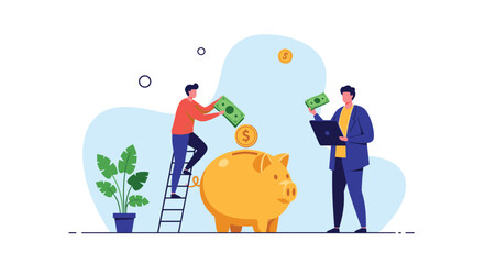 Fototapeta premium Business professionals putting cash and coins into a giant golden piggy bank illustrating corporate savings and financial planning.