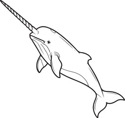 Narwhal Swimming Upward With Long Spiral Tusk Line Art © khilal