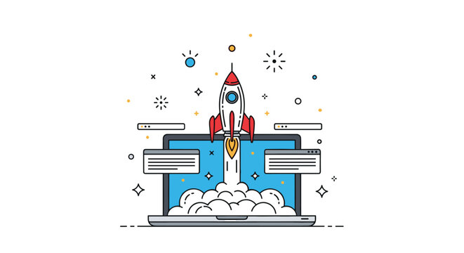 Creative concept of a red and white rocket launching from a laptop screen representing a website or software product startup.
