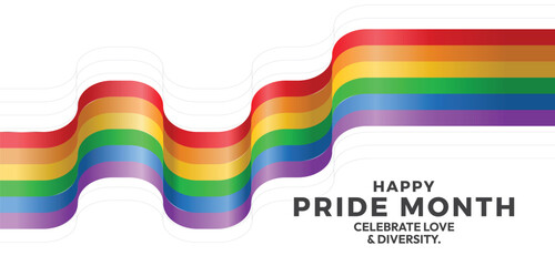 Fototapeta na wymiar Happy pride month Text and long rainbow pride flag waving and line waving texture vector design