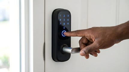 Naklejka premium Close up view of a person using their finger to press a glowing blue button on a sleek modern black digital smart door lock installed on a white wooden door