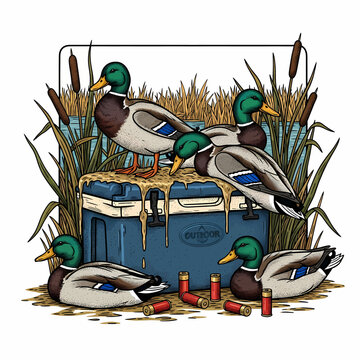 Vintage hand-drawn style illustration of a successful duck hunt with a cooler and shotgun shells.