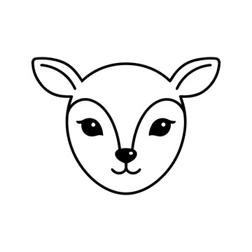 Cute Deer Face Line Art Illustration - Kawaii Cartoon Deer Head Outline - Deer face flat outline illustration