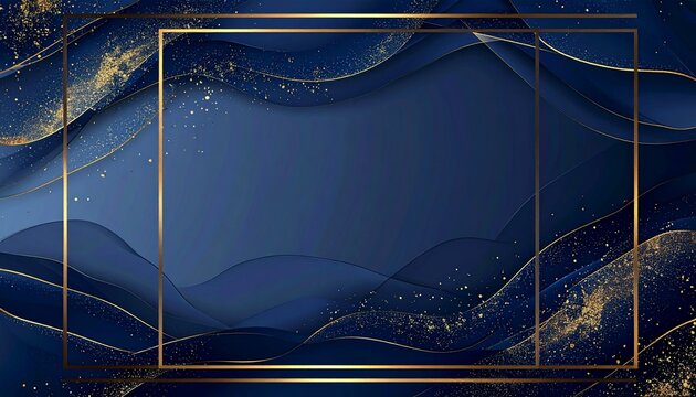 Contemporary abstract background with translucent navy layers, gold geometric frame and glitter particles