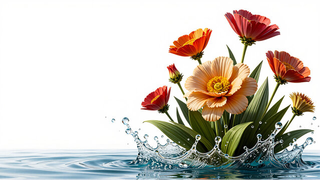 Colorful zinnia flowers blooming from a crystal clear water splash on white