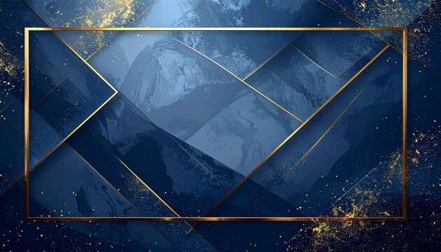 Contemporary abstract background with translucent navy layers, gold geometric frame and glitter particles