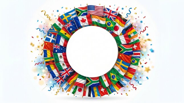 Global celebration backdrop with dozens of flags on festive colorful confetti