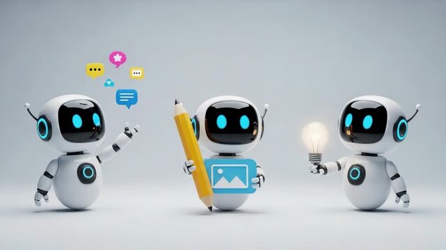 Creative Artificial Intelligence Robot Team Creating Digital Content With Innovative Design Tools and Smart Communication Technology Concepts