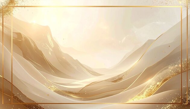 Luxury abstract background with soft beige gradients, gold metallic lines and minimalist frame