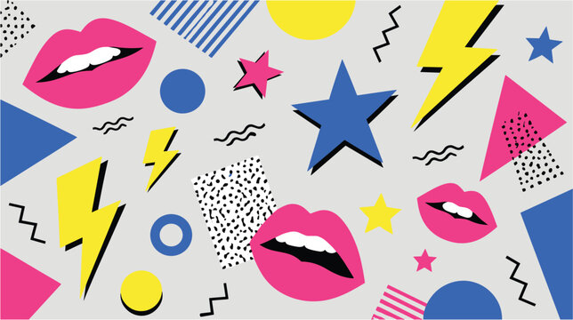 Retro Memphis Style Background with Lips and Lightning Bolts