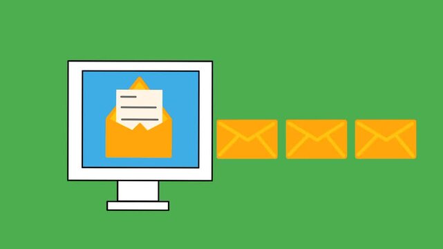 Animated mail message queue concept with multiple email icons lined up and entering a computer. Visual representation of message flow, inbox management, digital communication, and data processing.