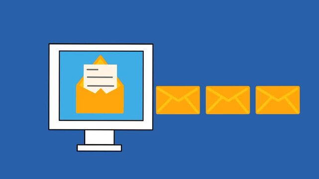 Animated mail message queue concept with multiple email icons lined up and entering a computer. Visual representation of message flow, inbox management, digital communication, and data processing.