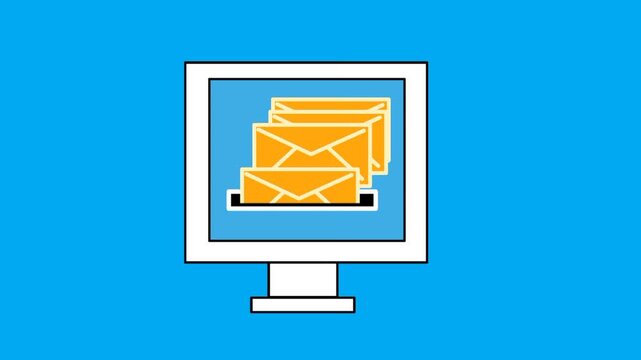 Animated mail message queue concept with multiple email icons lined up and entering a computer. Visual representation of message flow, inbox management, digital communication, and data processing.
