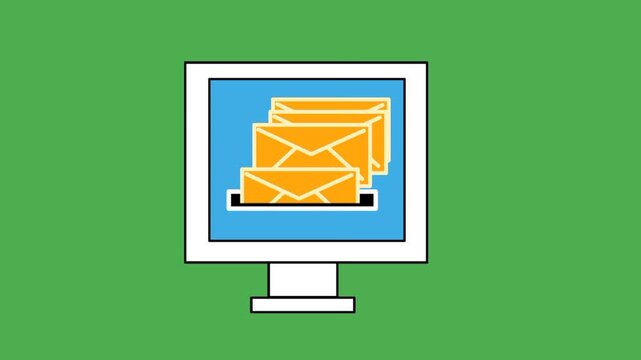 Animated mail message queue concept with multiple email icons lined up and entering a computer. Visual representation of message flow, inbox management, digital communication, and data processing.