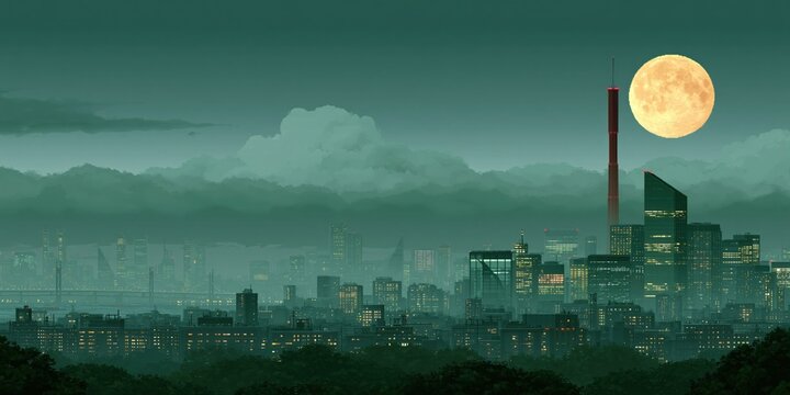 Industrial city skyline with full moon background for banner and wallpaper design in green mist with smokestack tower