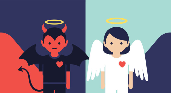 Conceptual illustration of an angel and a devil representing the internal struggle between good and evil with a heart on their chests.