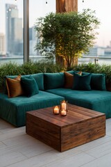 Obraz premium Urban rooftop lounge background with deep teal modular sofa and square wood table with candles for evening outdoor design and cozy banner