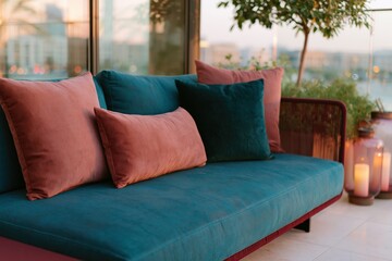 Obraz premium Teal sofa with pink cushions on balcony at sunset for outdoor lounge background and cozy modern terrace decor design
