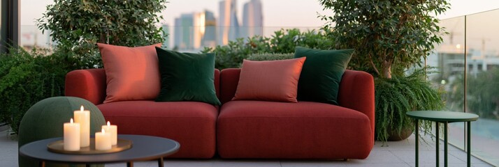 Obraz premium Outdoor terrace lounge with plush sofa pillows and lit candles at sunset for cozy patio background and rooftop relaxation design